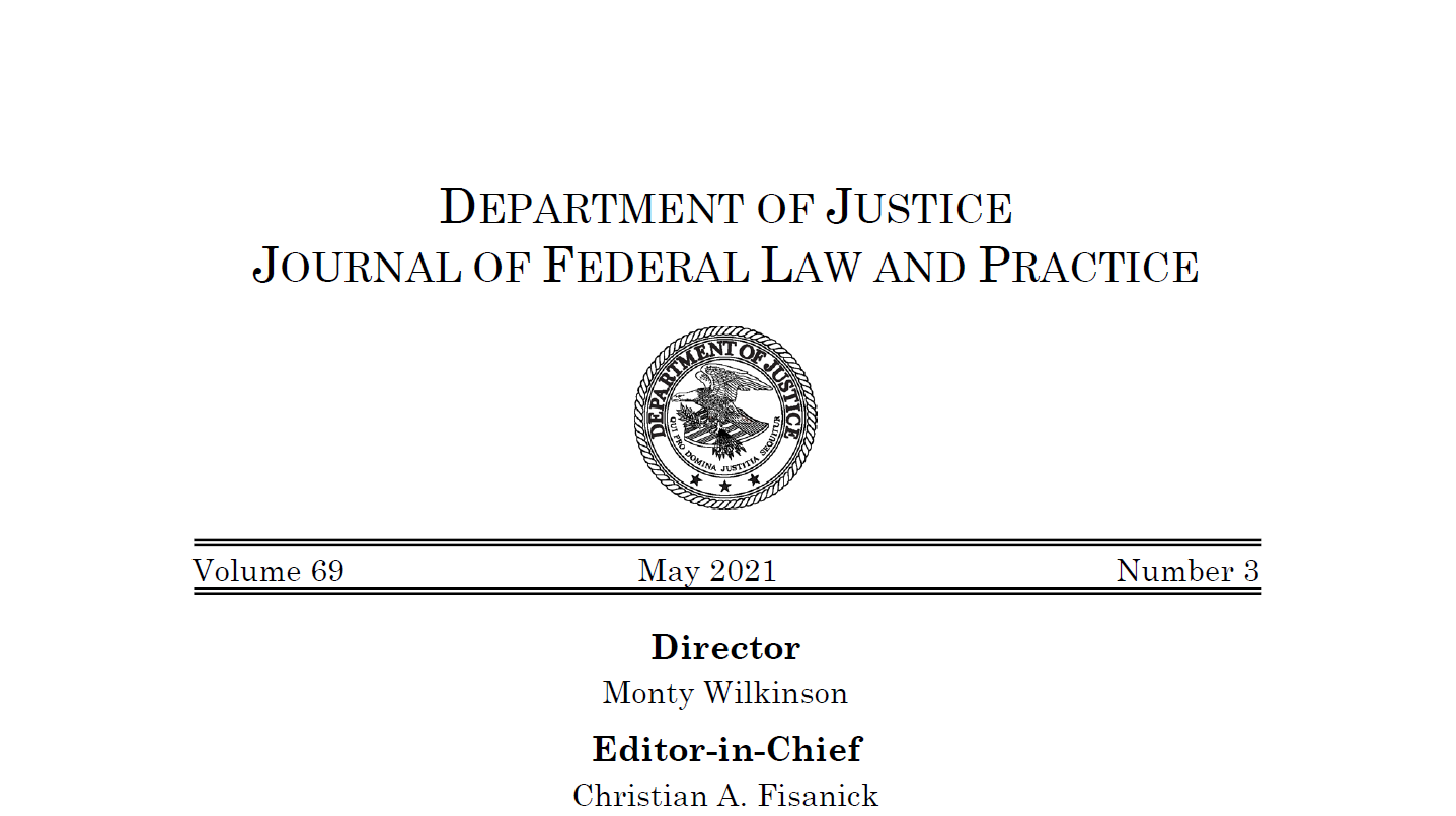 Screenshot of the cover of the DOJ Journal of Federal Law and Practice from May 2021