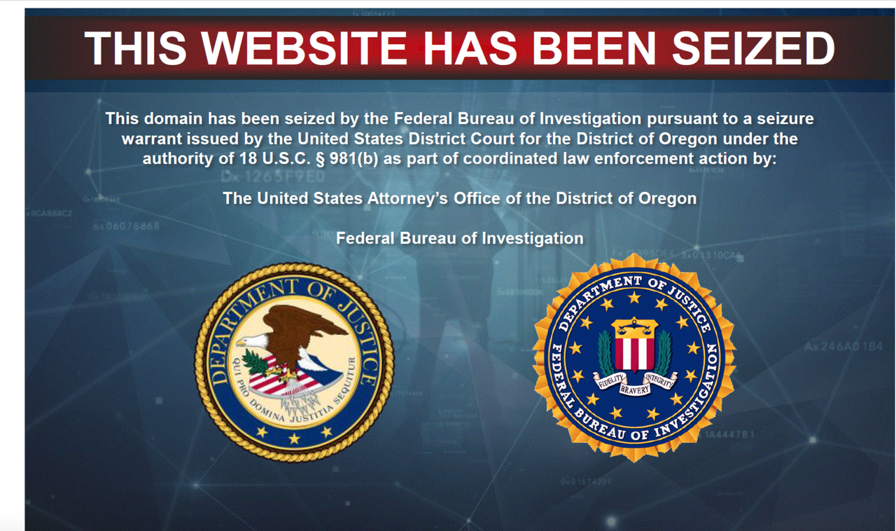Notice that a visited website has been seized by the DOJ and FBI with seals of both agencies