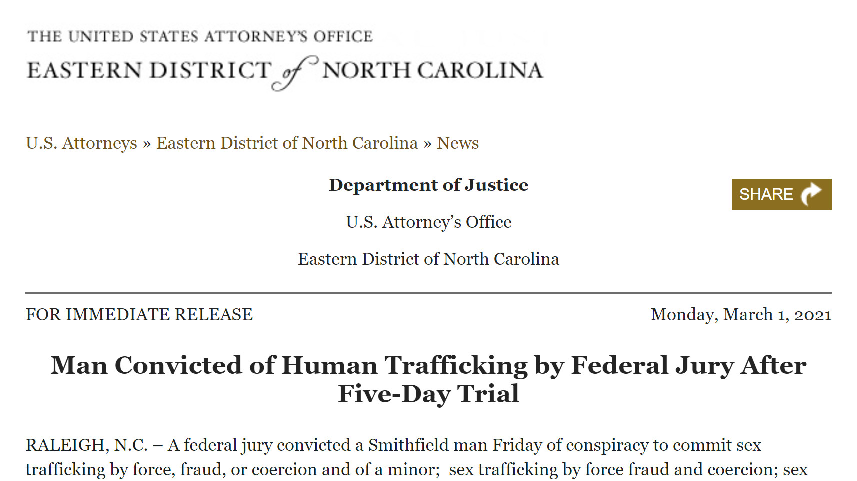 Screenshot of a USAO - EDNC press release about a man convicted of human trafficking